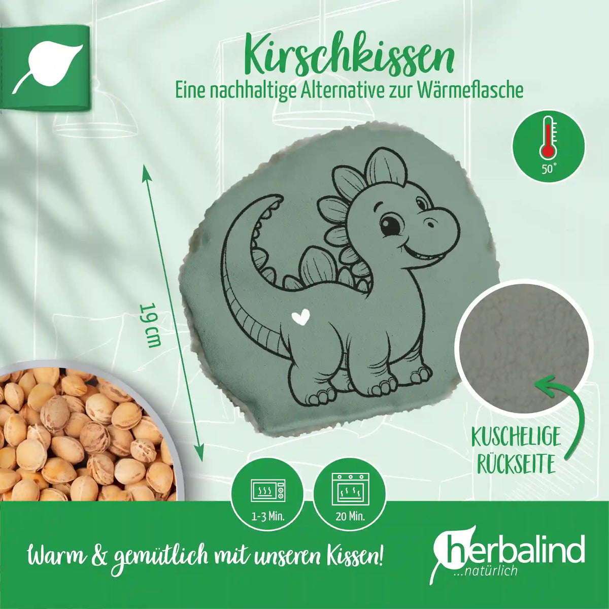 Kinder-Kirschkernkissen 18x18cm, Dino