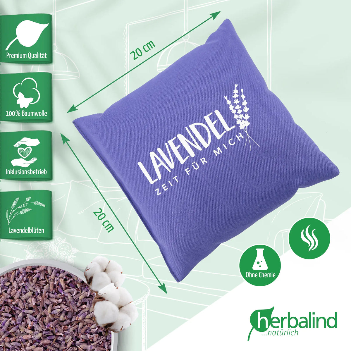 Lavendelkissen 20x20cm, "Zeit für mich", Lavender