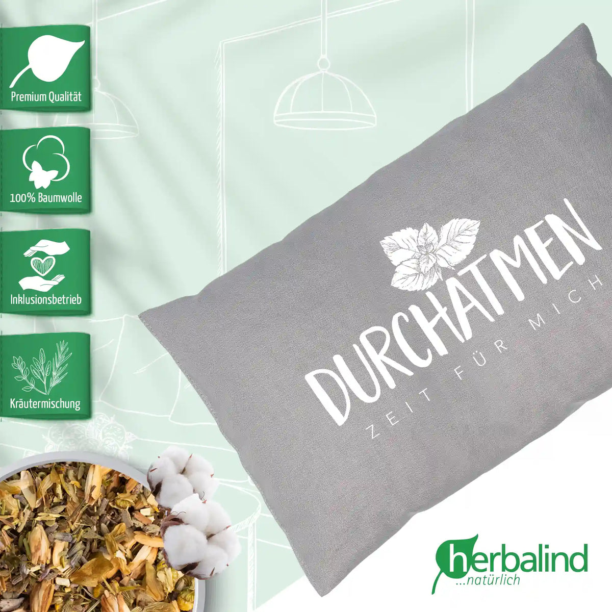 Kräuterkissen 20x30cm, "Durchatmen - Zeit für mich", Grau