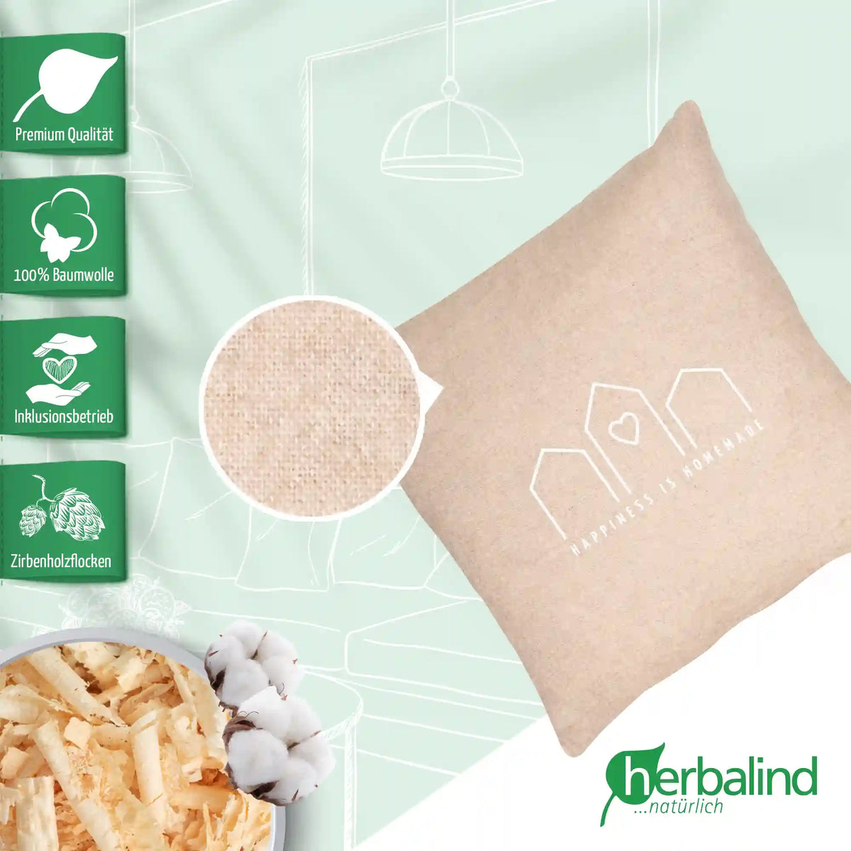 Zirbenkissen, happiness is homemade, Flanell natur, Zirbenholz, 30x30cm, 5666_2