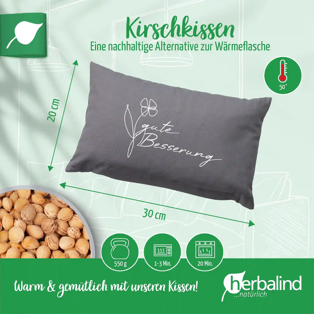 Kirschkernkissen 20x30cm, "Gute Besserung", Anthrazit