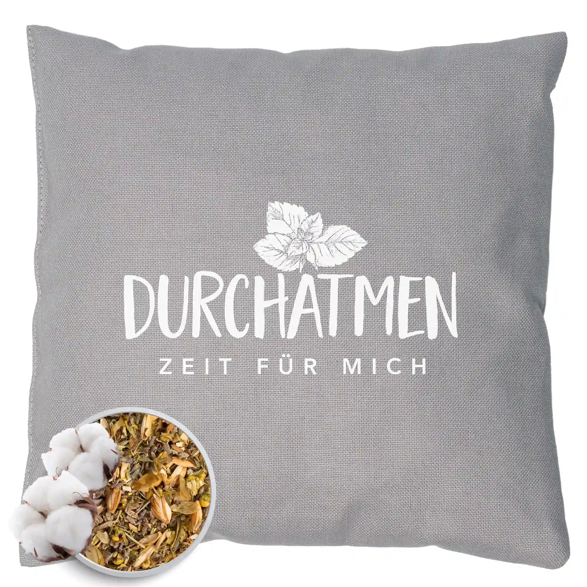 Kräuterkissen 20x20cm, "Durchatmen - Zeit für mich", Grau
