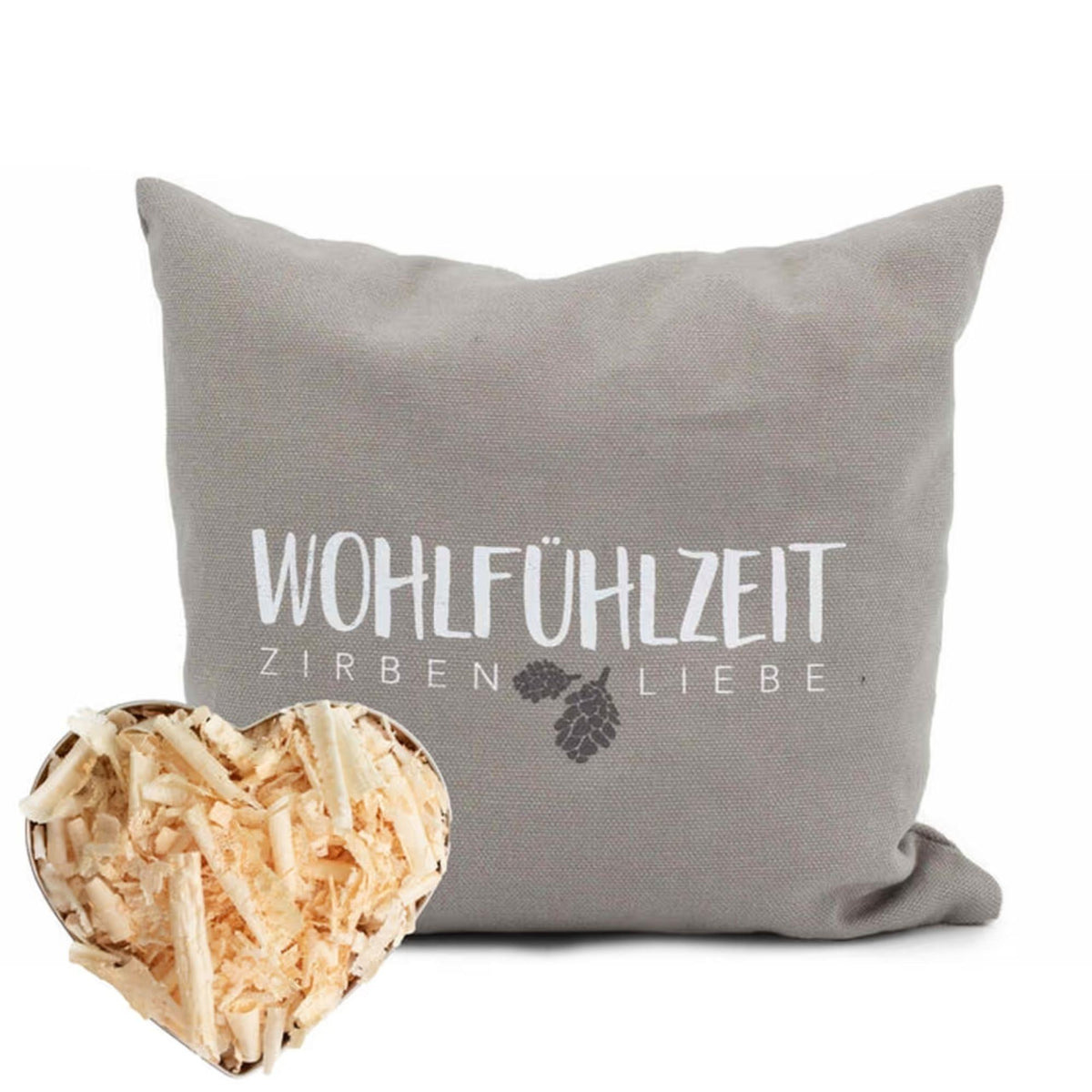 Zirbenkissen 25x25cm, "Wohlfühlzeit - Zirbenliebe", Taupe