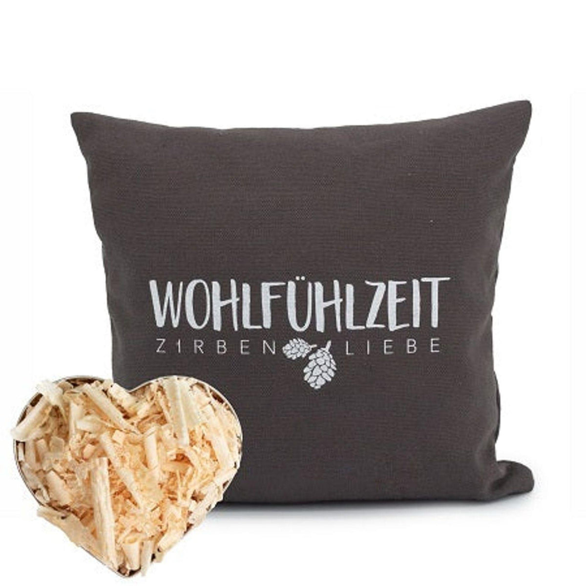 Zirbenkissen 25x25cm, "Wohlfühlzeit - Zirbenliebe", Anthrazit