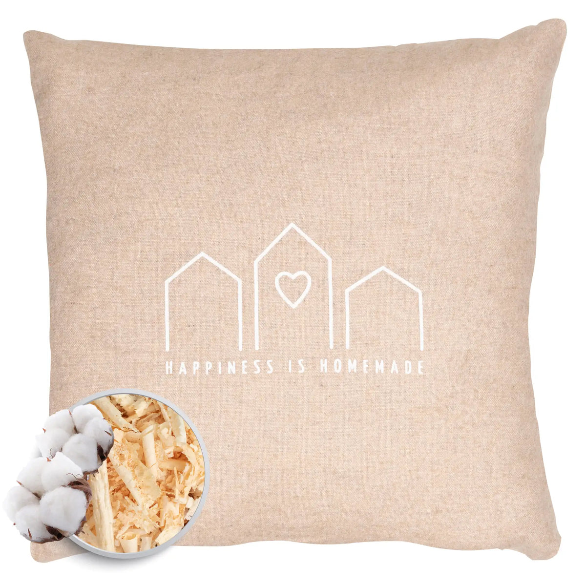 Zirbenkissen 30x30cm, "happiness is homemade", Flanell Natur