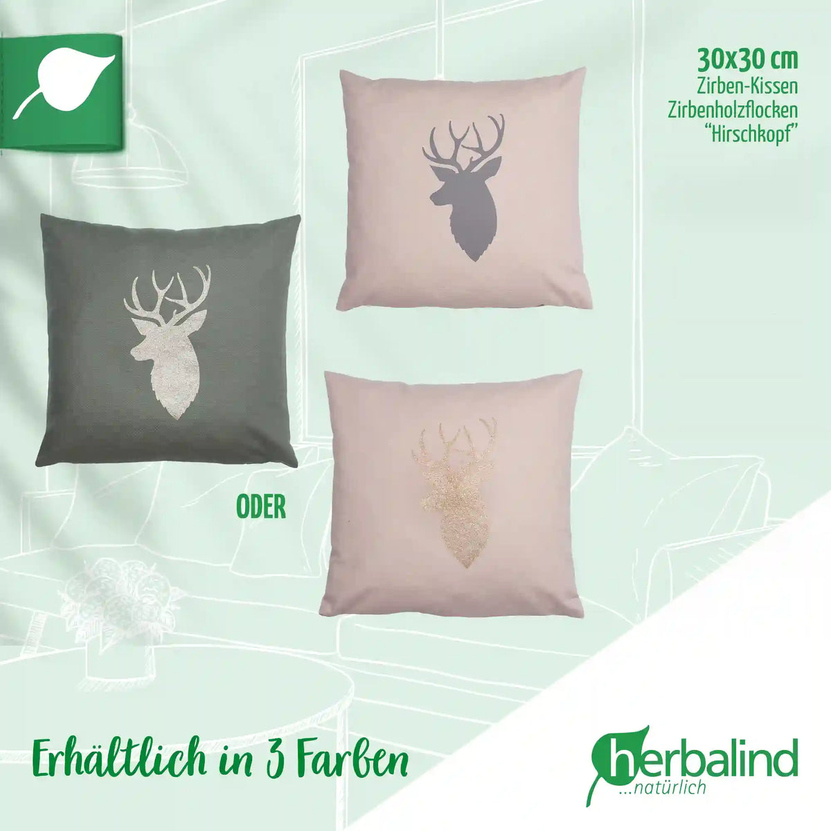 Zirbenkissen 30x30cm, Hirschkopf Grau, Canvas Light Sand