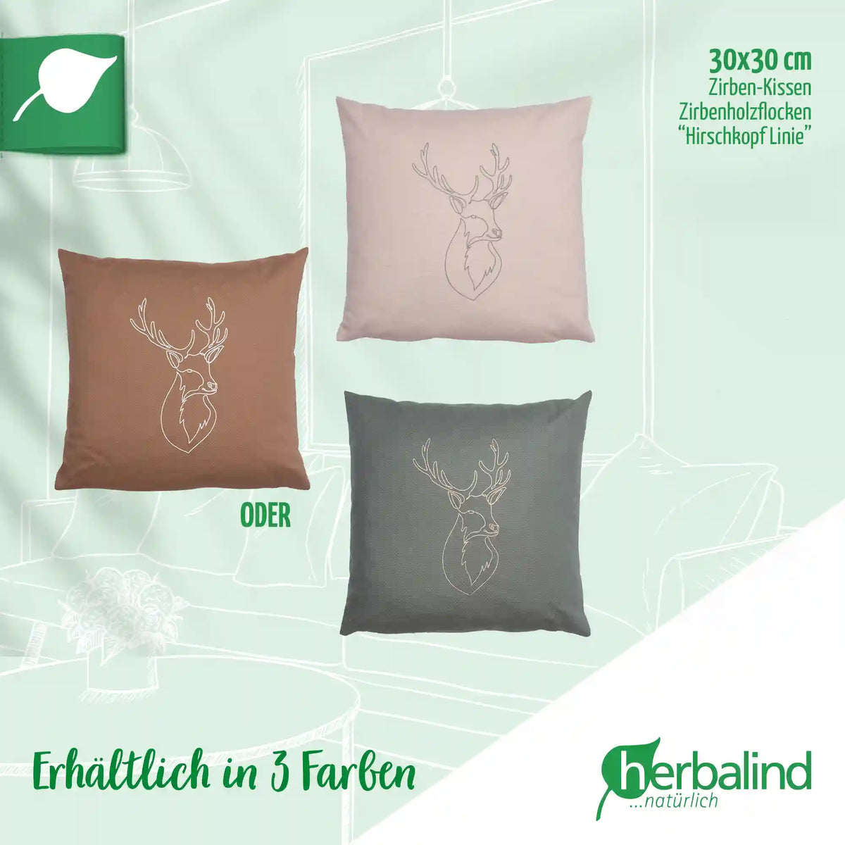 Zirbenkissen 30x30cm, Hirschkopf Linie Gold, Canvas Pickle